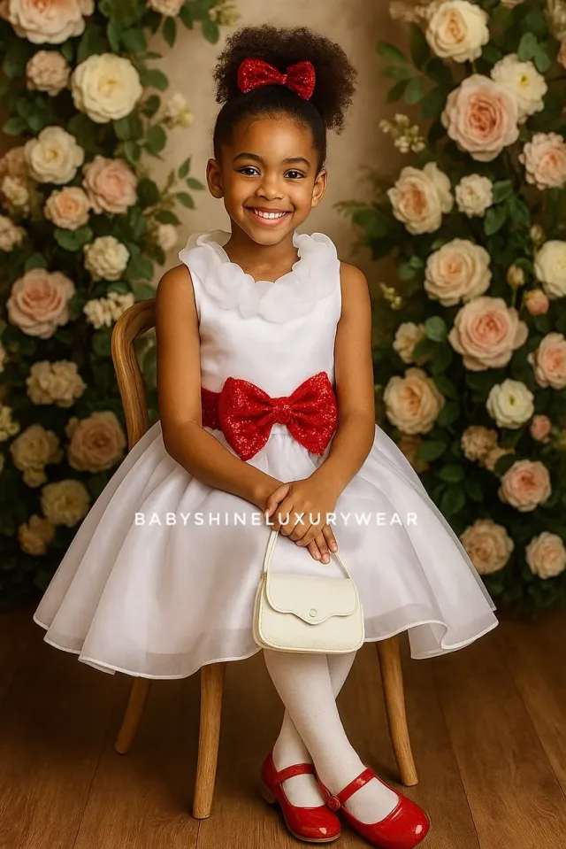 white with red bow dress