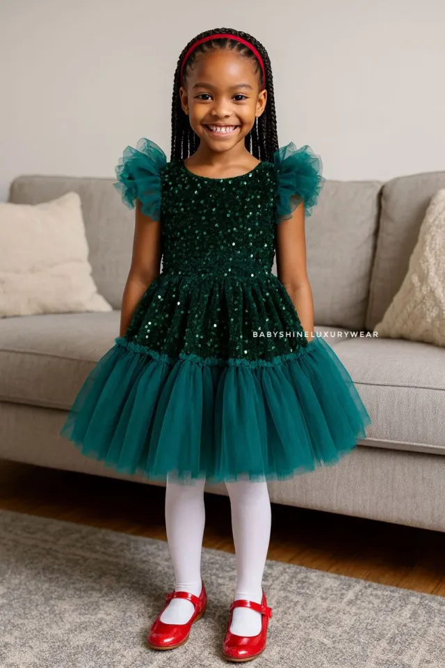 Emerald Bowless Sequins Dress
